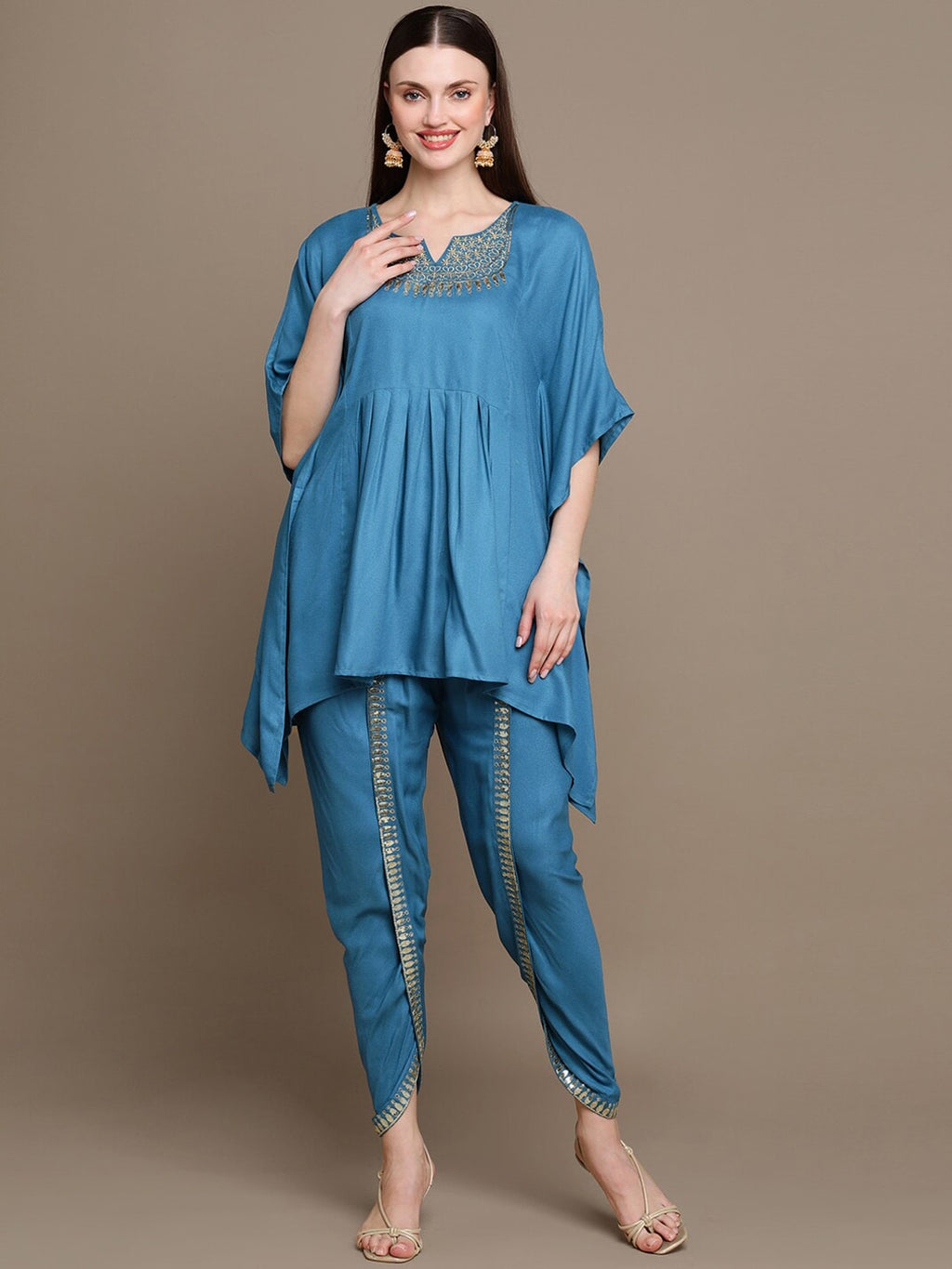 HERE&NOW Floral Embroidered Sequined Kaftan Kurti with Dhoti Pants | Grocsy