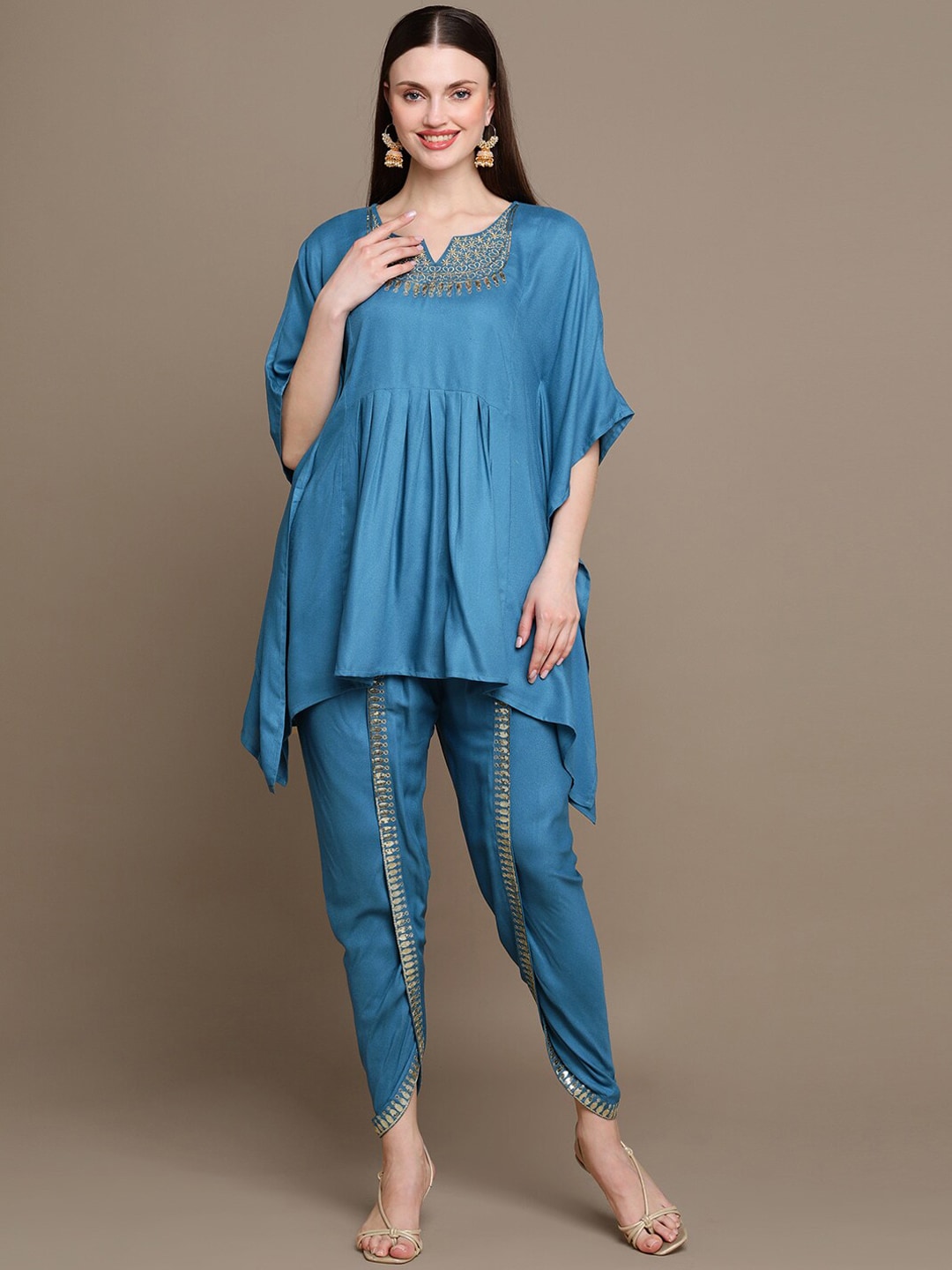 HERE&NOW Floral Embroidered Sequined Kaftan Kurti with Dhoti Pants | Grocsy