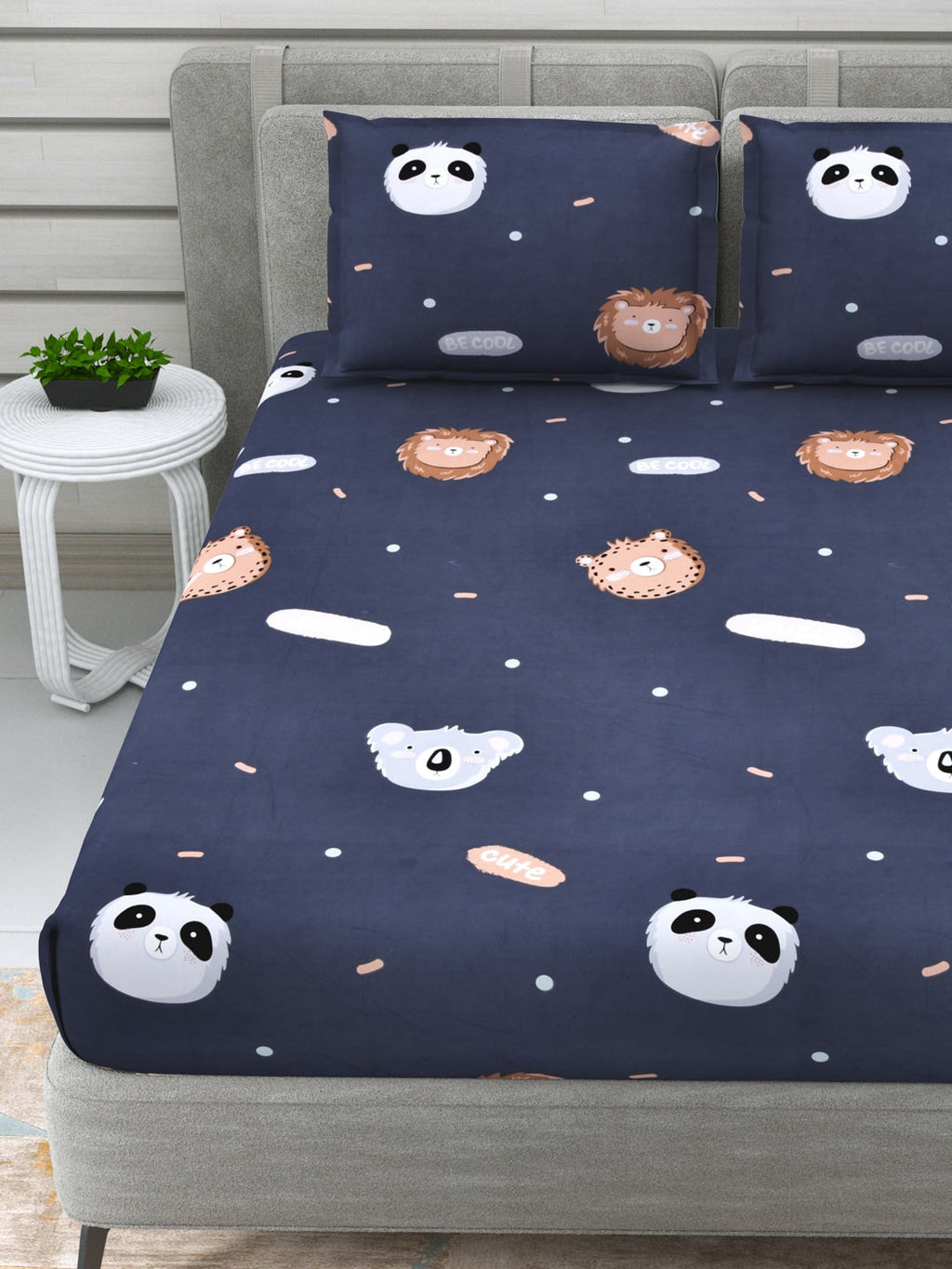 DREAM WEAVERZ Navy Blue & White Conversational Glazed Cotton 220 TC King Bedsheet with 2 Pillow Covers | Grocsy