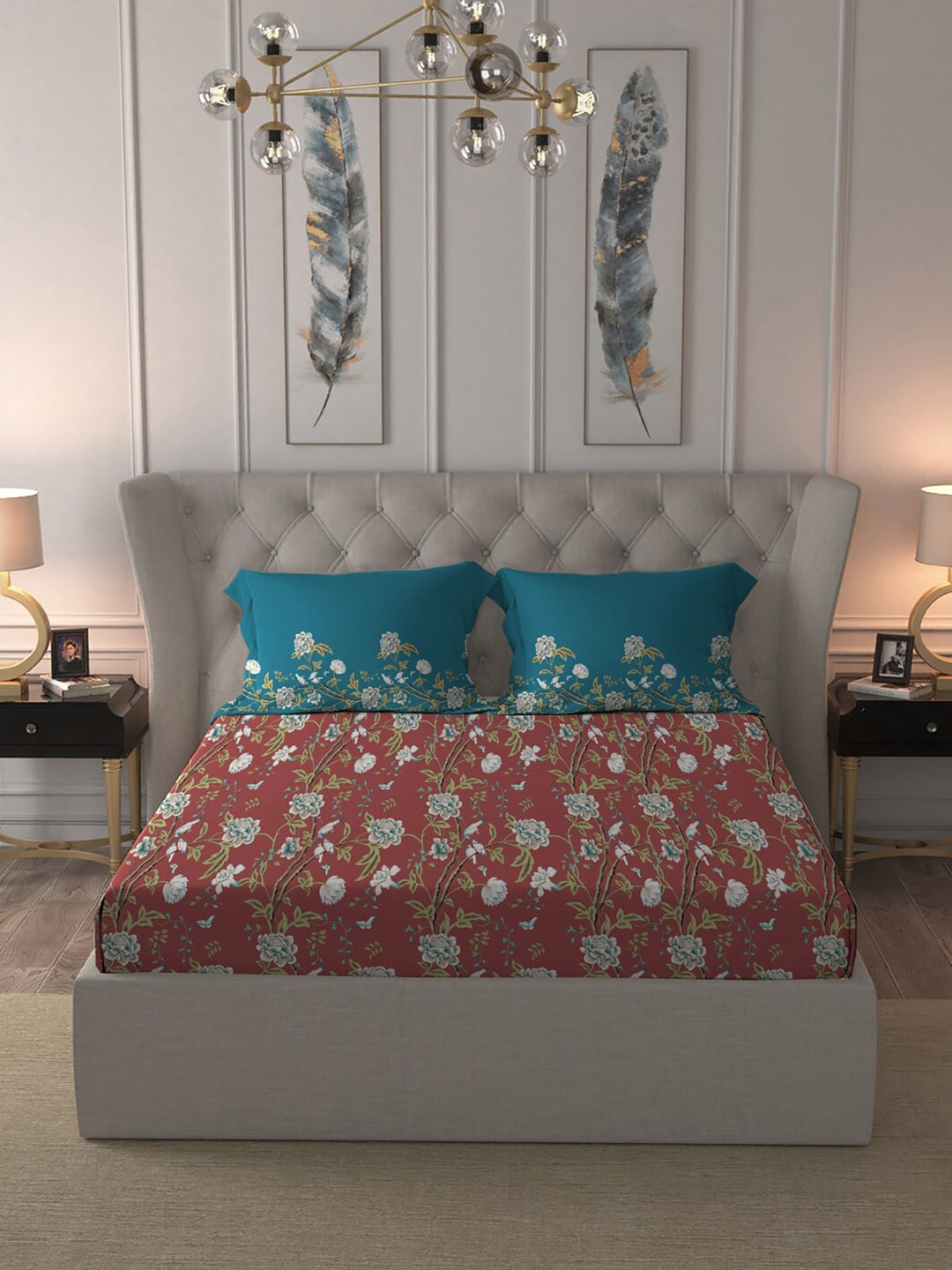 MYTRIDENT Maroon White Floral Pure Cotton 144 TC Queen Bedsheet With 2 Pillow Covers | Grocsy