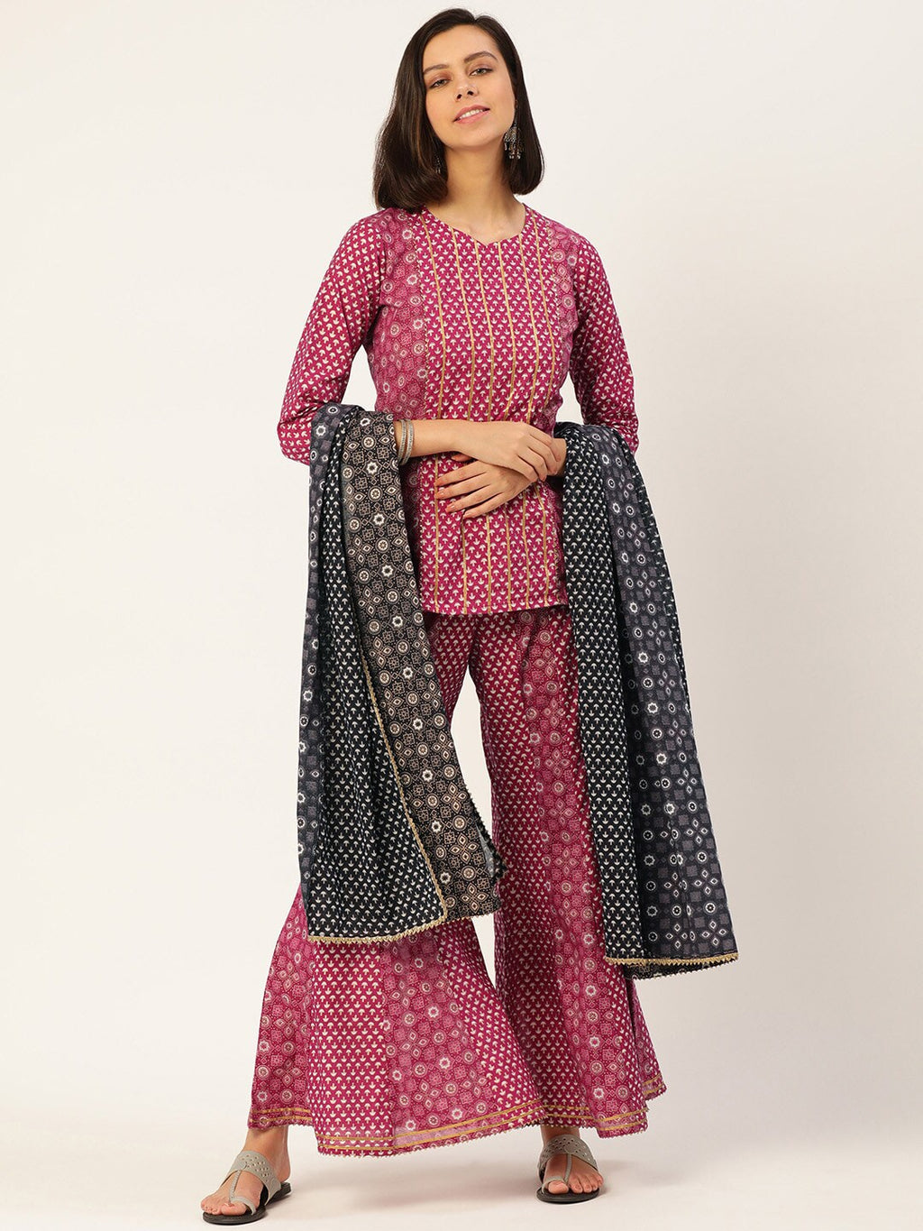 HERE&NOW Women Pink And Black Ethnic Printed Pure Cotton Kurti With Palazzo And Dupatta | Grocsy