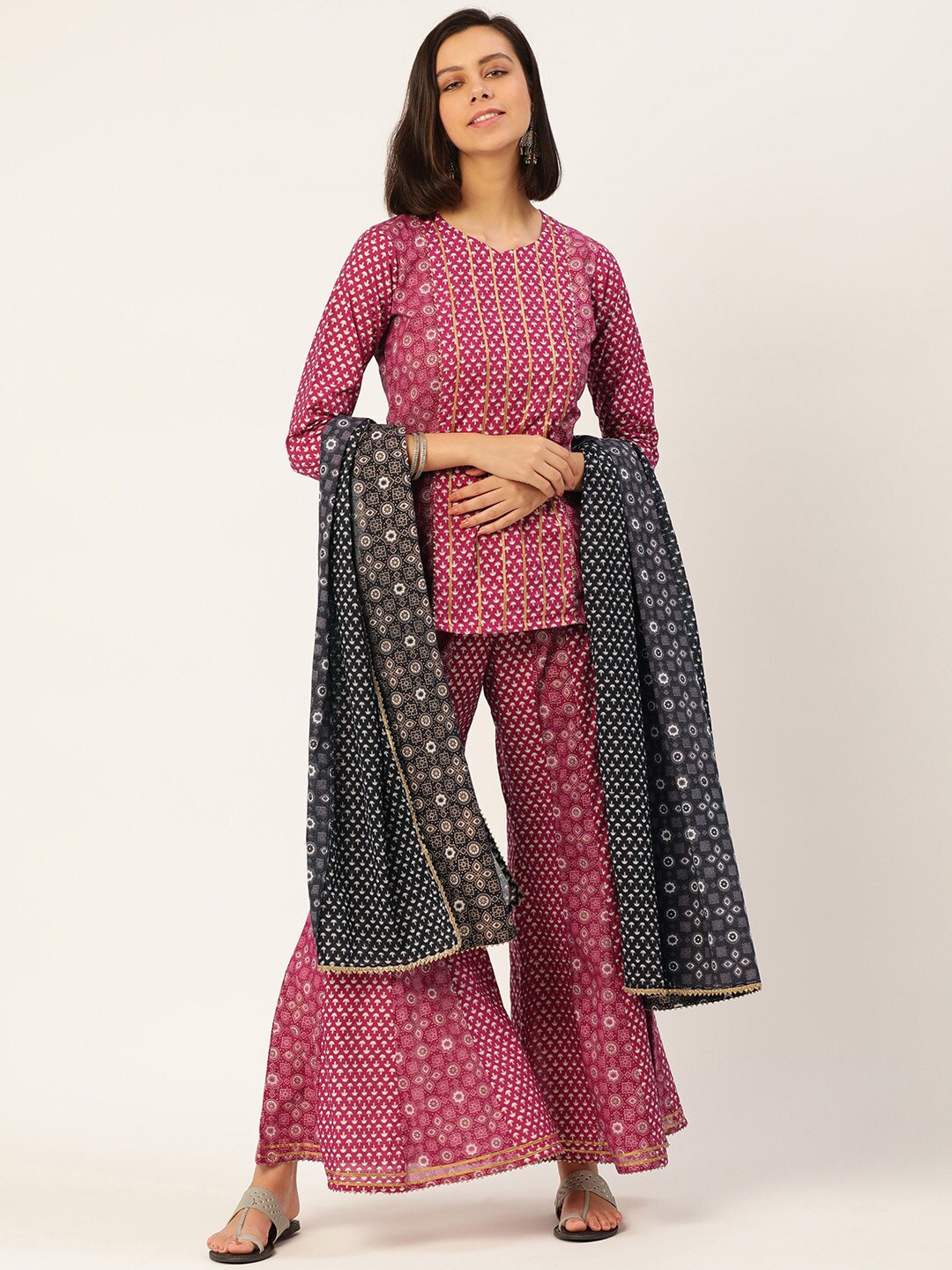 HERE&NOW Women Pink And Black Ethnic Printed Pure Cotton Kurti With Palazzo And Dupatta | Grocsy