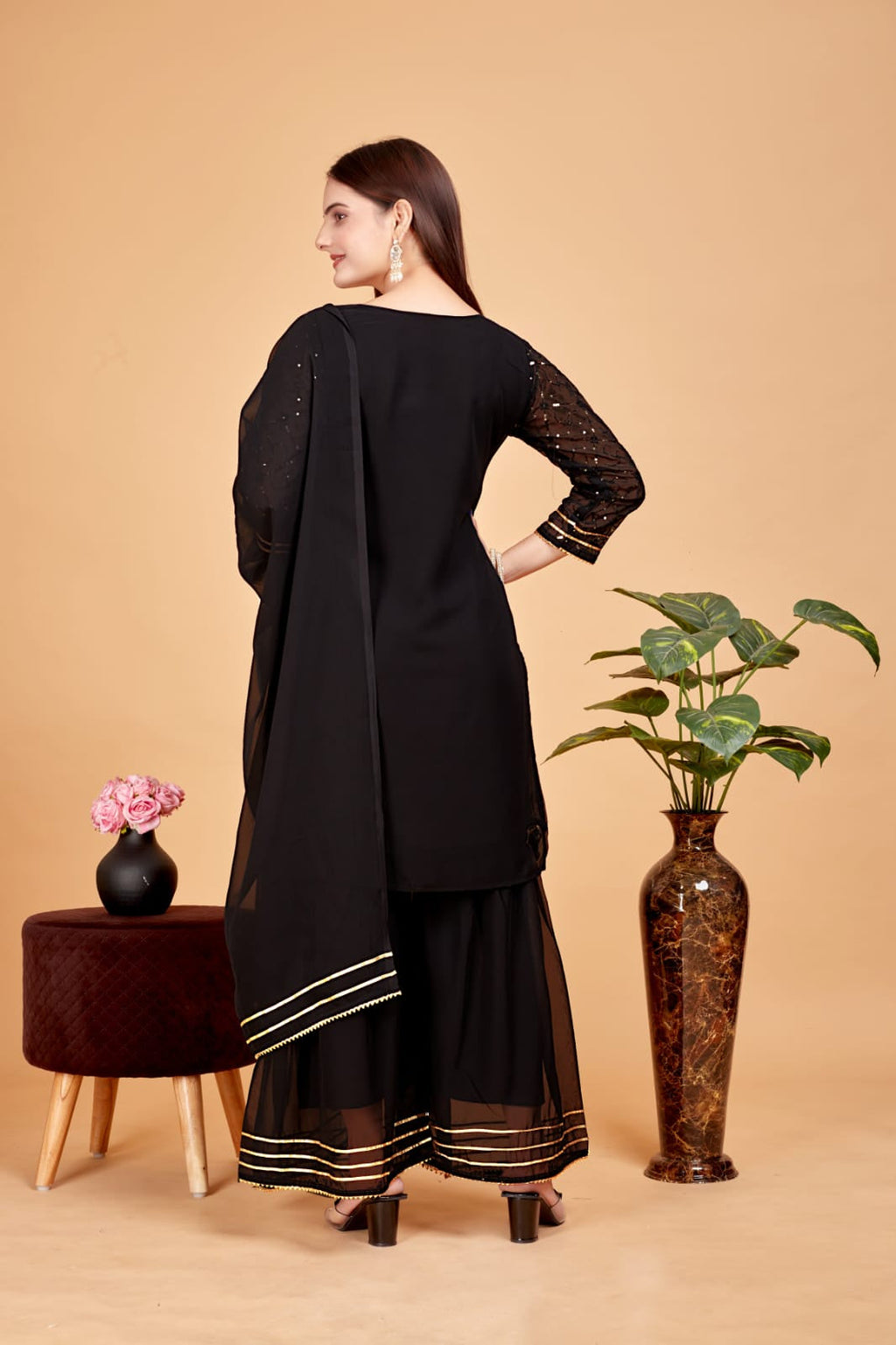 Women's A-Line Black Kurta and Sharara With Dupatta Set - A2M | Grocsy