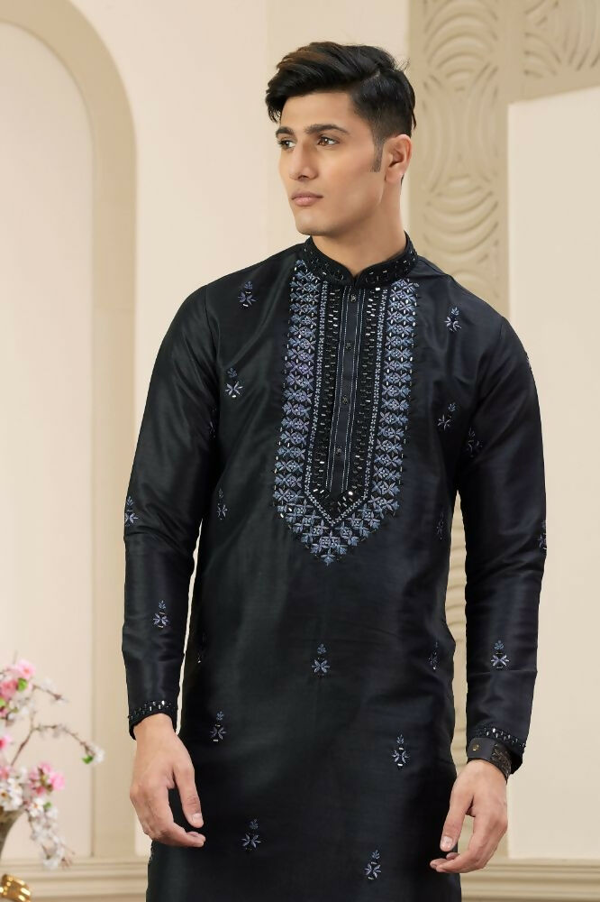 Raivat Ethnic Banarasi Art Silk Thread and Mirror Work Kurta Pajama In Black Colour | Grocsy