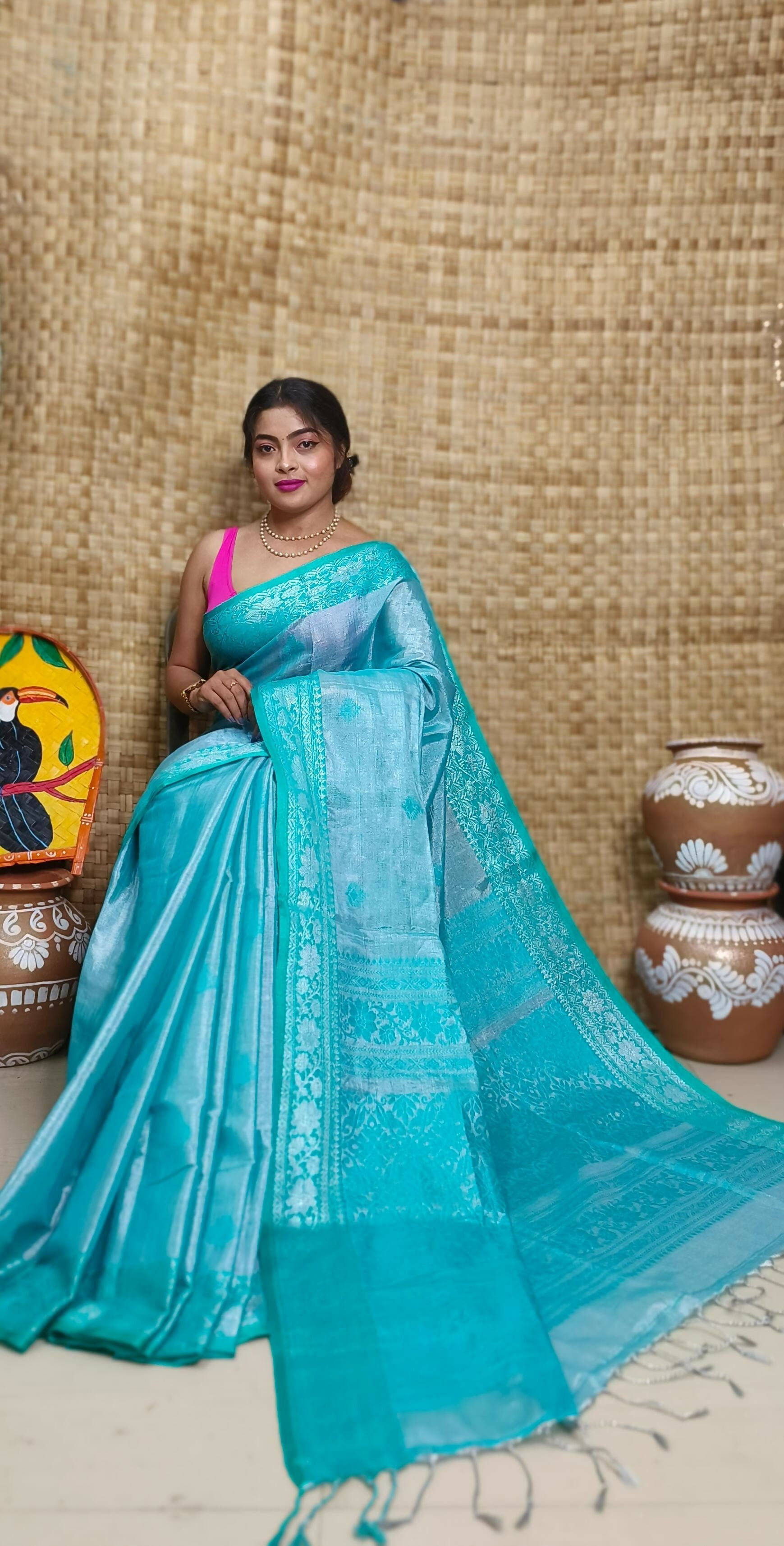 Exclusive Collection Sea Green Beautiful Tissue Benarasi Saree | Grocsy