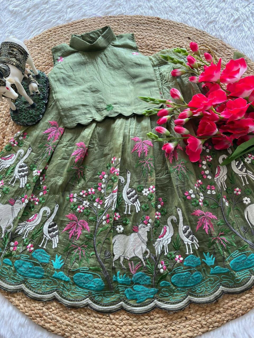 Teeya Creation New Girls Earthy Olive Green Pichwai Embroidered Lehenga Choli Set-Green | Grocsy