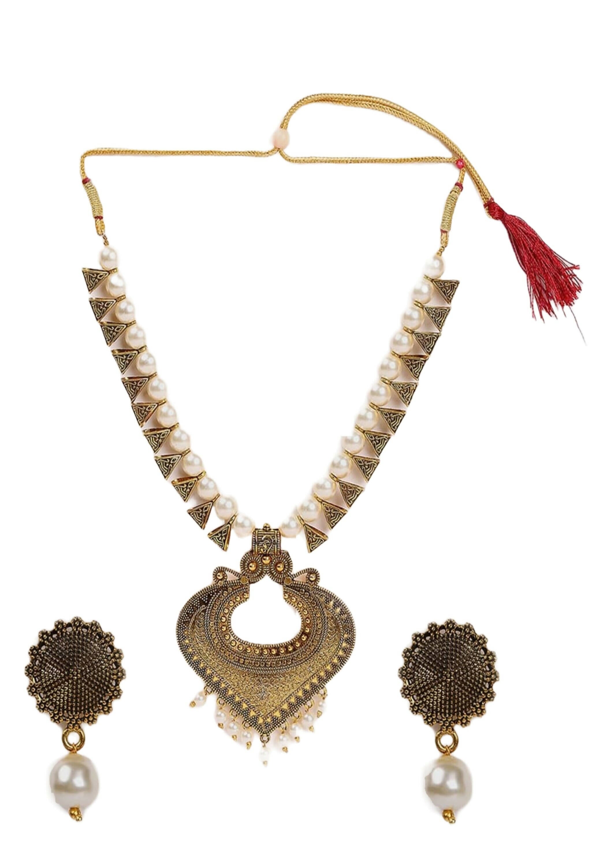 Mominos Fashion Joharkamal Oxidised Gold-Polished Pearls Work Long Necklace Handicraft For Women & Girls | Grocsy