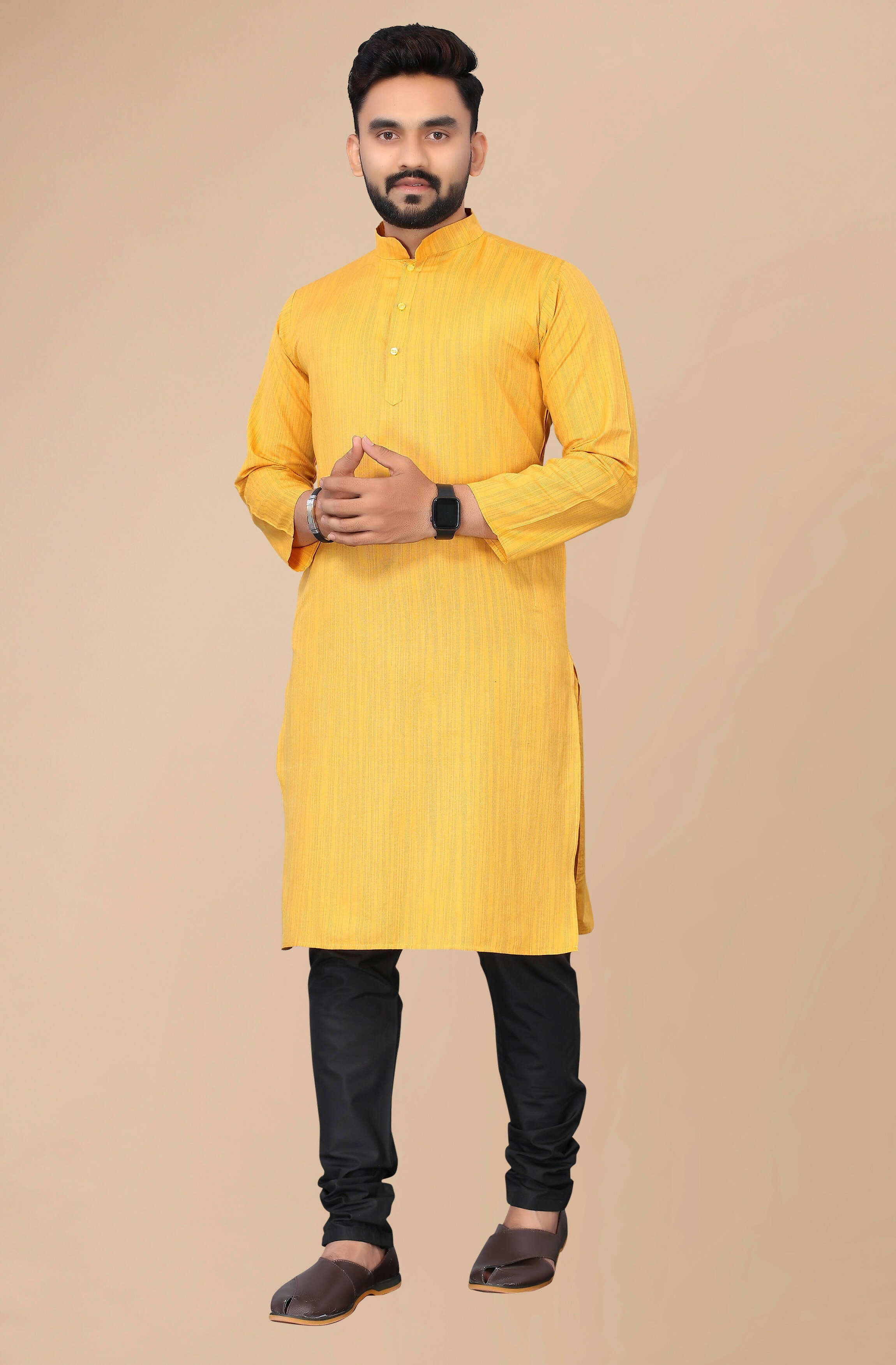 Men's Mustard Striped Cotton Kurta - Mahotsav | Grocsy