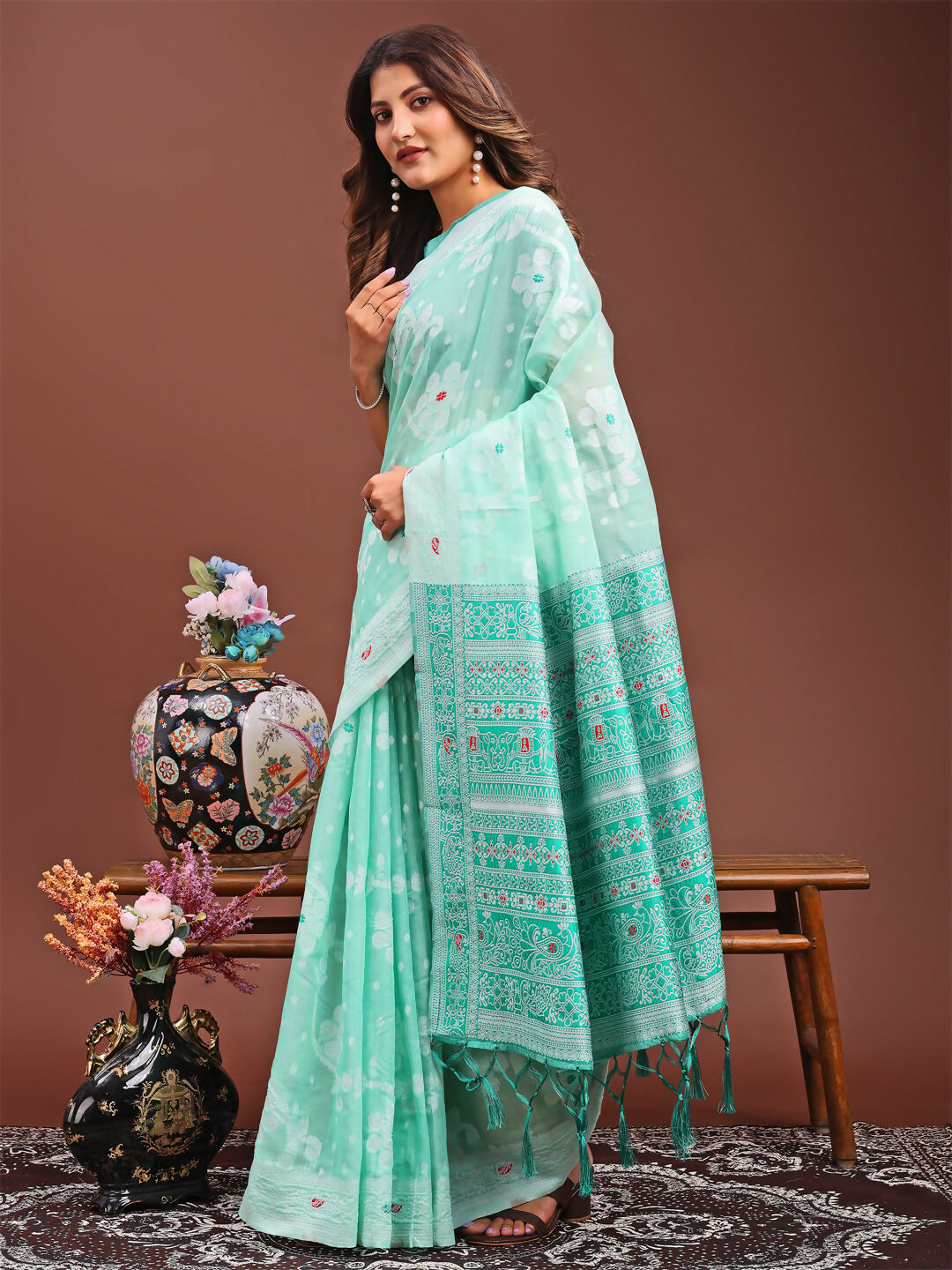 Shree Shyam Fashion Anaya Sea Green Linen Cotton Saree | Grocsy