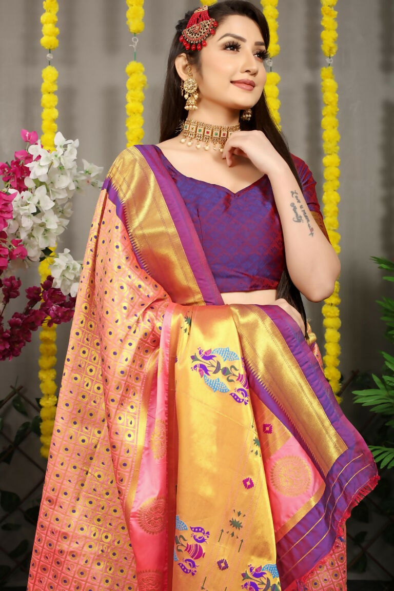 Jyoti Fashion Women's Baby Pink Banarasi Silk Zari Woven Saree with Blouse | Grocsy