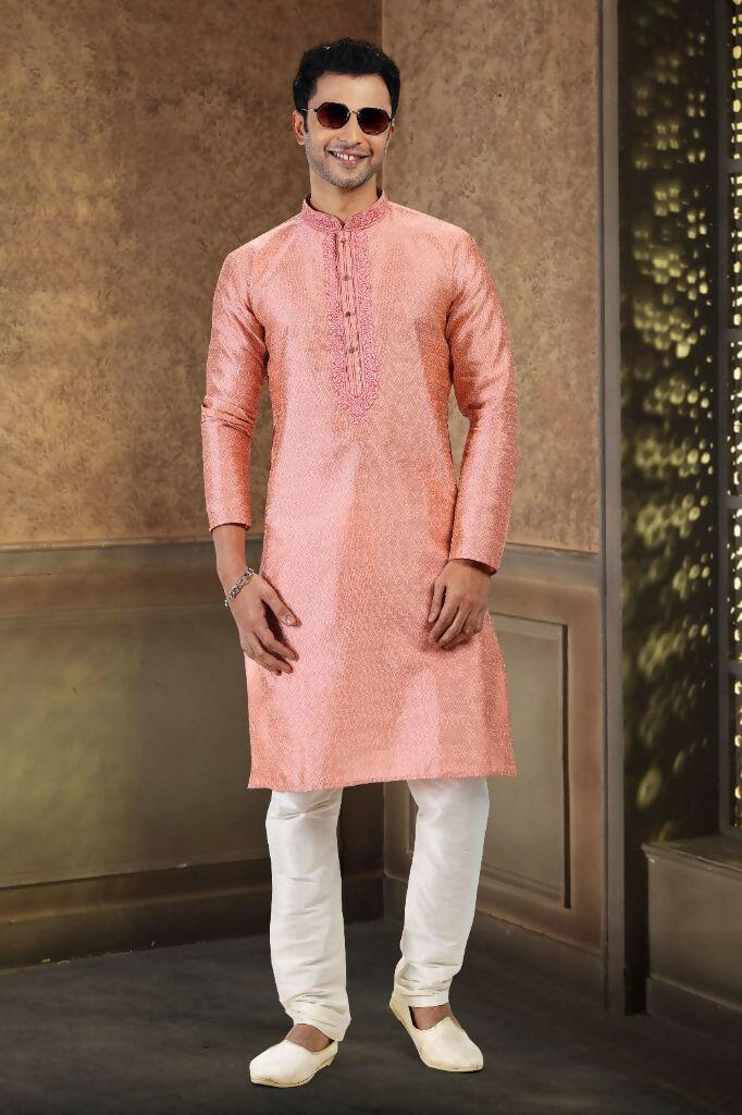 Raivat Ethnic Jacquard Banarasi Silk Thread Work Kurta Pajama In Dark Pink Colour | Grocsy