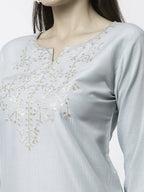 Myshka Grey Silk Blend Embroidered 3/4 Sleeve Round Neck Kurta Pant Dupatta Set | Grocsy