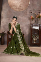 Vastranavya Gold Crunchy Multi Colour Threads Embroidery Work with Sequins Work Saree with Blouse material - Mehendi | Grocsy