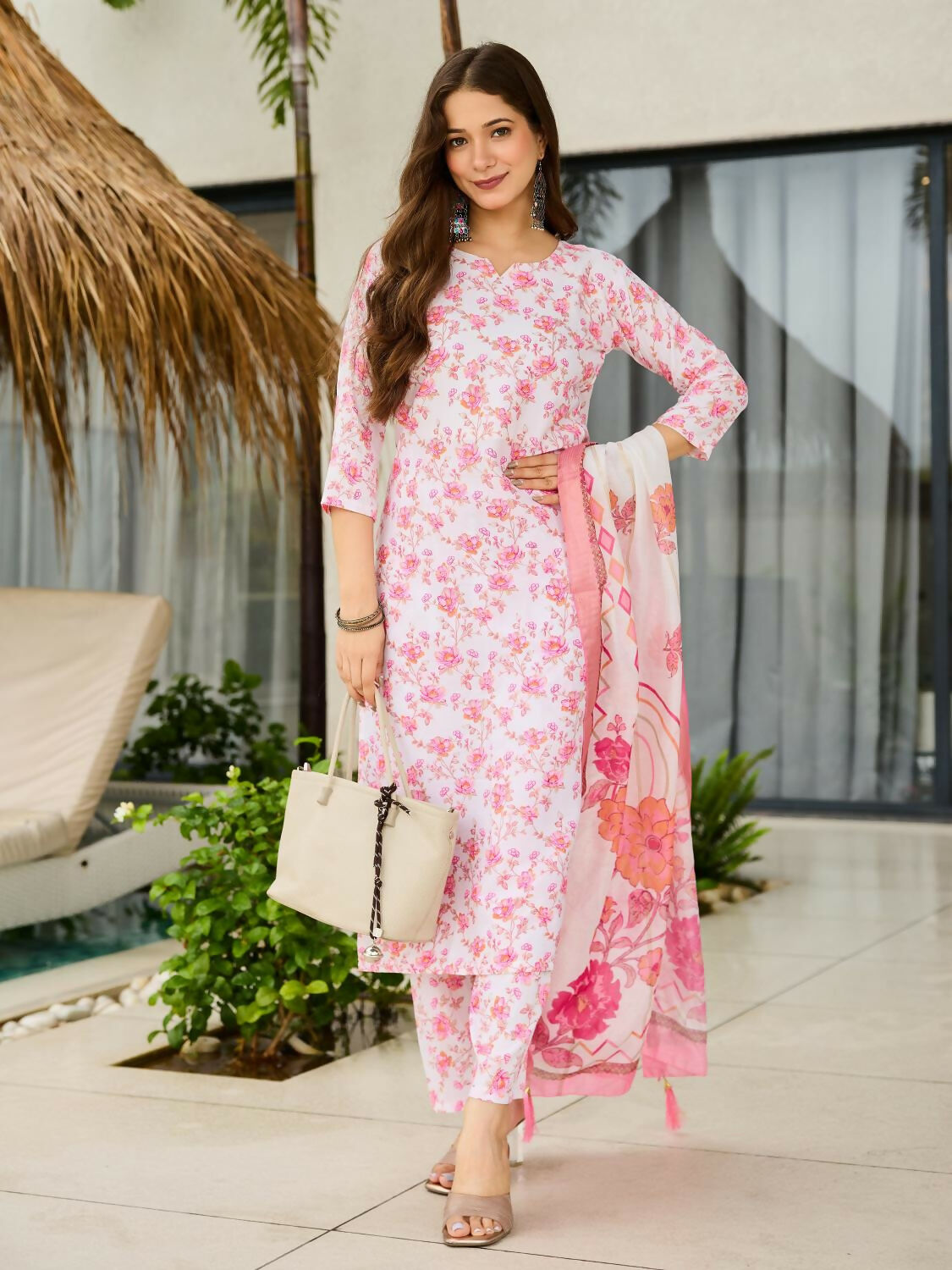 The52 Pink Women's Beautiful Printed Silk Blend Fabric with Straight Kurta, Pant and Dupatta Set | Grocsy