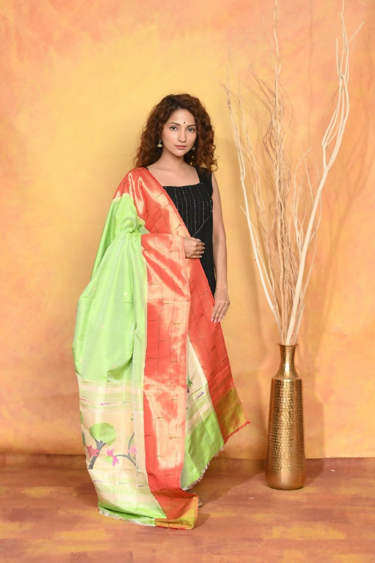 Very Much Indian Handloom Pure Cotton Paithani Dupatta - White | Grocsy
