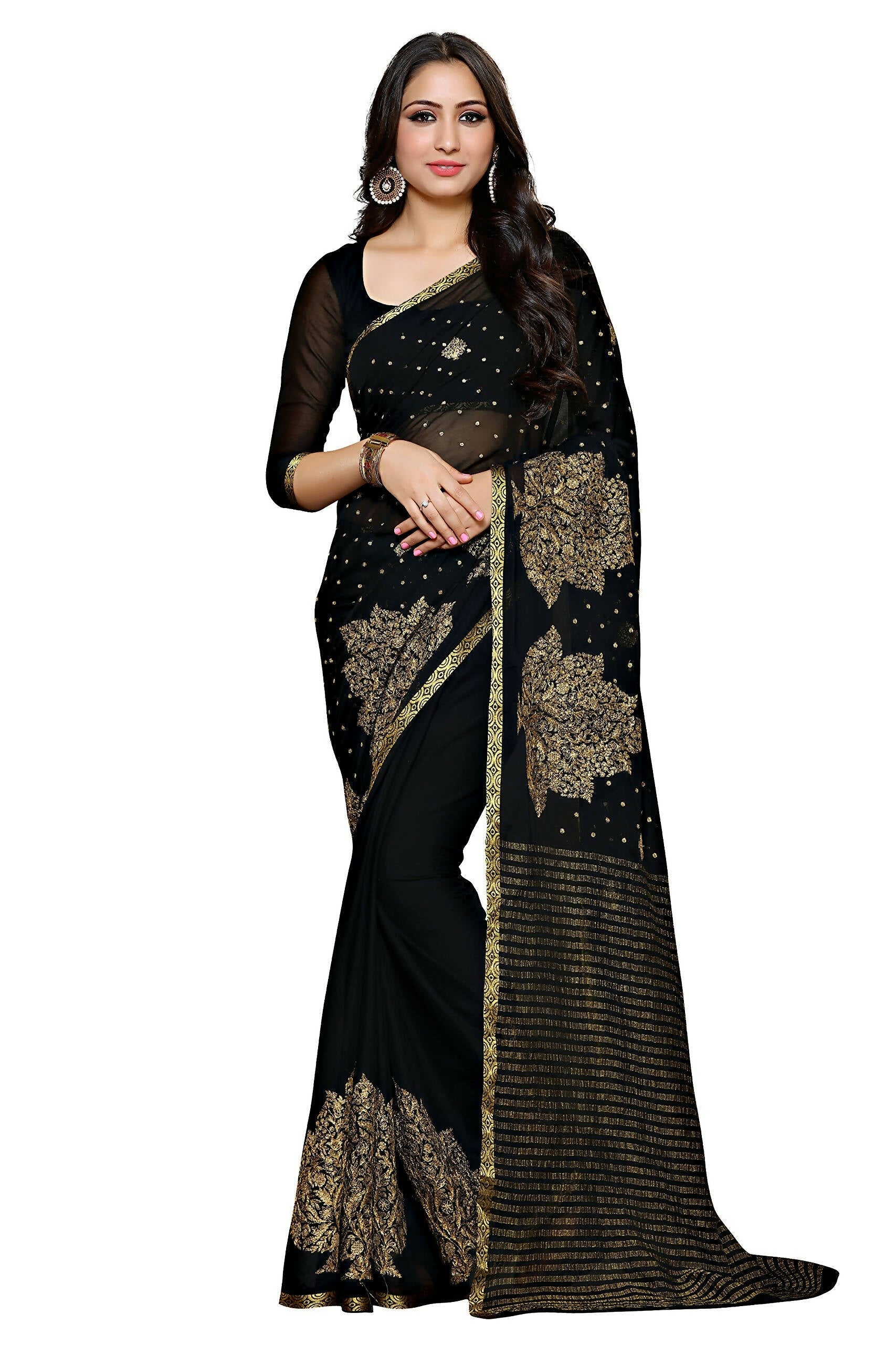Mimosa Women's Banarasi Chiffon Black Saree | Grocsy