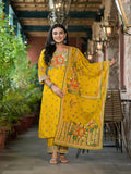 Juniper Women's Mustard Floral Printed Liva Rayon Kurta Pant And Dupatta Set With Sequins | Grocsy