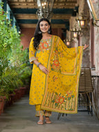 Juniper Women's Mustard Floral Printed Liva Rayon Kurta Pant And Dupatta Set With Sequins | Grocsy