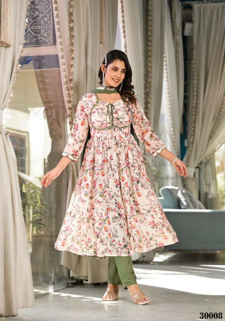 Designer Stylish Cream Slim Georgette Stitched Suit With Dupatta - Kiyara | Grocsy