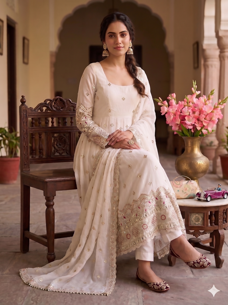 Teeya Creation Premium Off-White Designer Anarkali Suit for Wedding | Grocsy