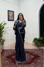 Teeya Creation Blue Color Chinon Silk Wedding Wear Ready To Wear Saree With Koti | Grocsy