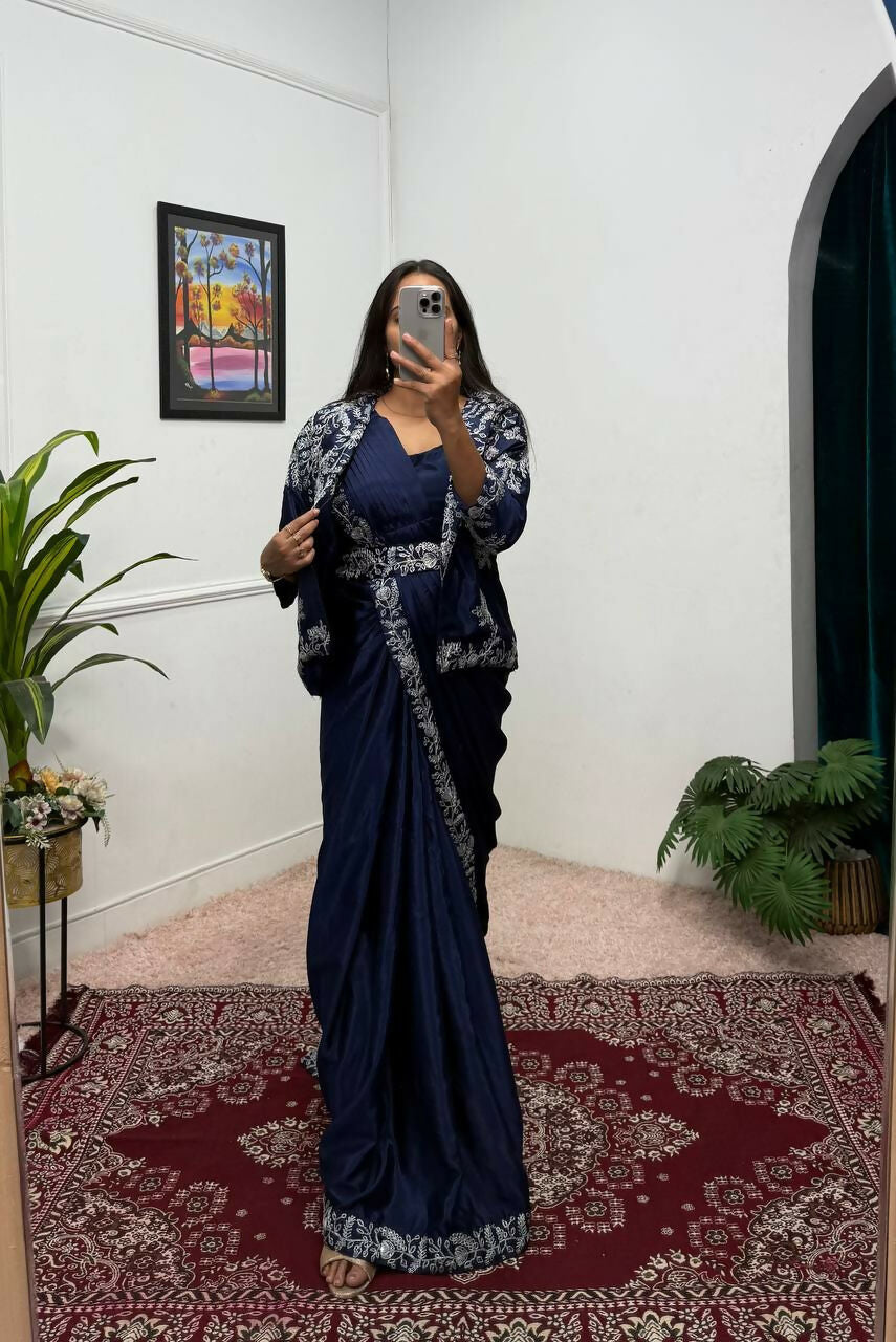 Teeya Creation Blue Color Chinon Silk Wedding Wear Ready To Wear Saree With Koti | Grocsy