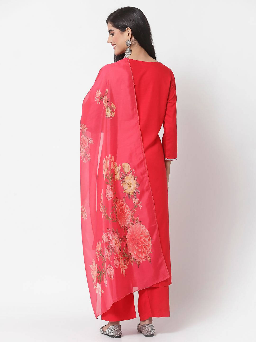 Myshka Red Cotton Solid 3/4 Sleeve Square Neck Casual Kurta Pant Dupatta Set | Grocsy