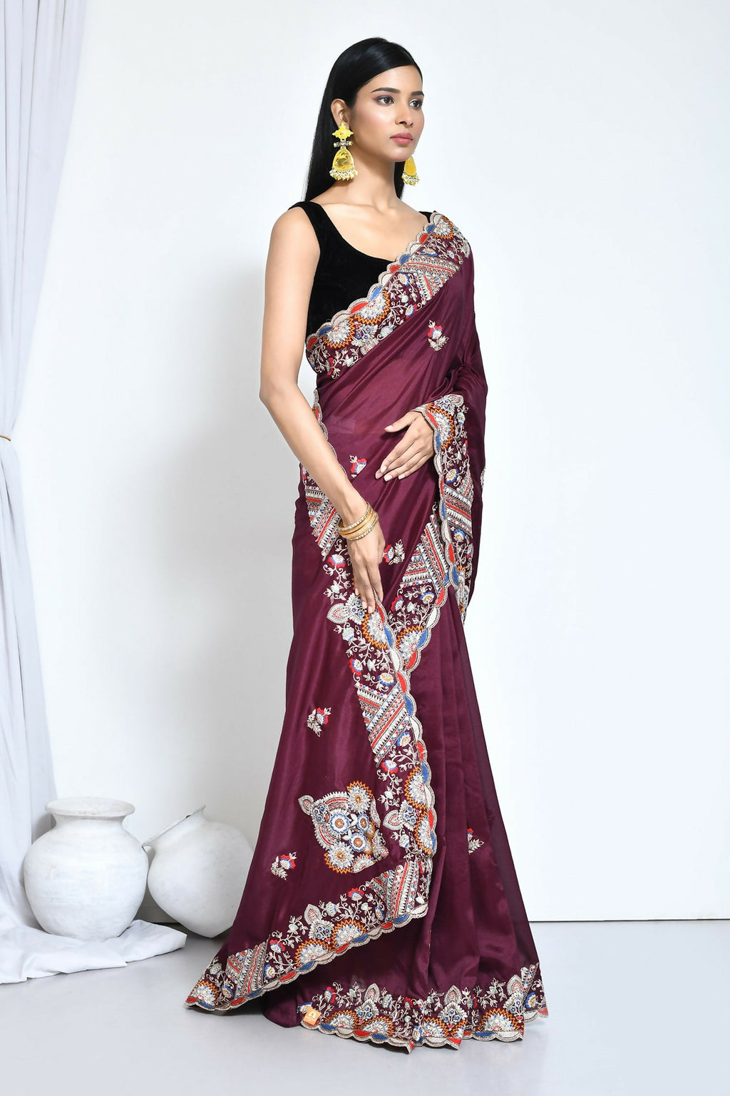 Purple Crepe Silk Sequence Embroidered Saree - Nimaya Benzy | Grocsy