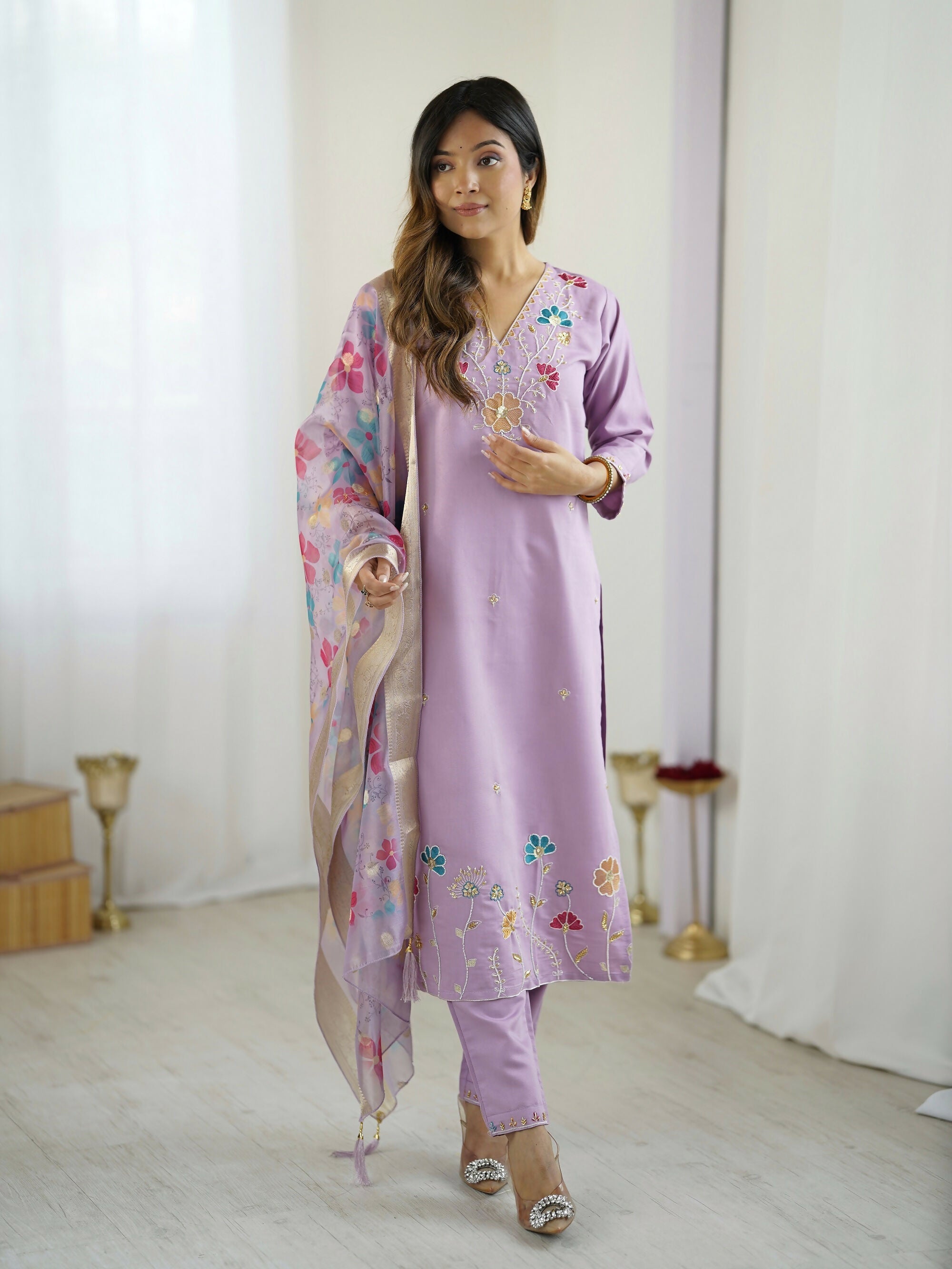 The52 Lavender Women's Gorgeous Embroidered work Viscose Gadhwal Fabric Straight Kurta, Pant and Dupatta Set | Grocsy
