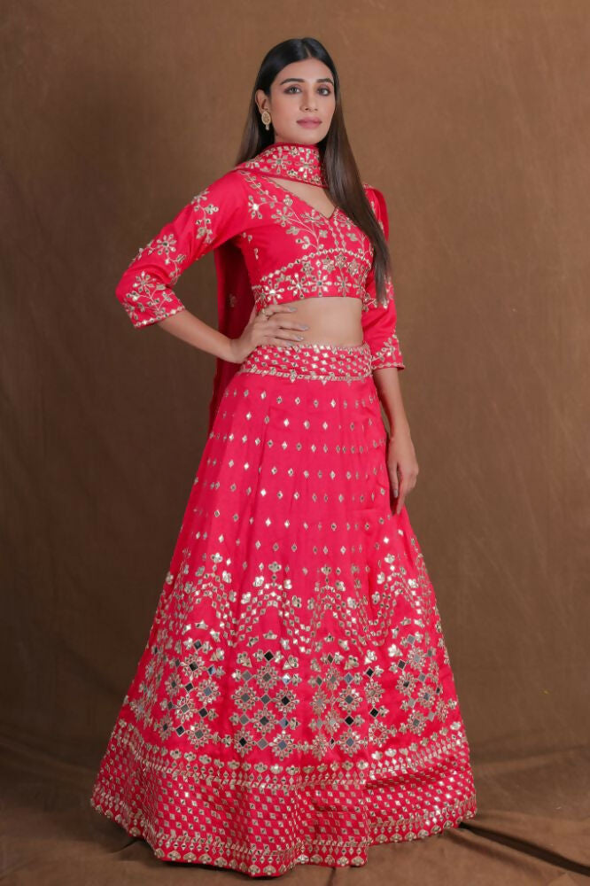 Pink Embroidery With Real Mirror Work Fantum Silk Fabric Lehenga Choli - Jihu Culture | Grocsy