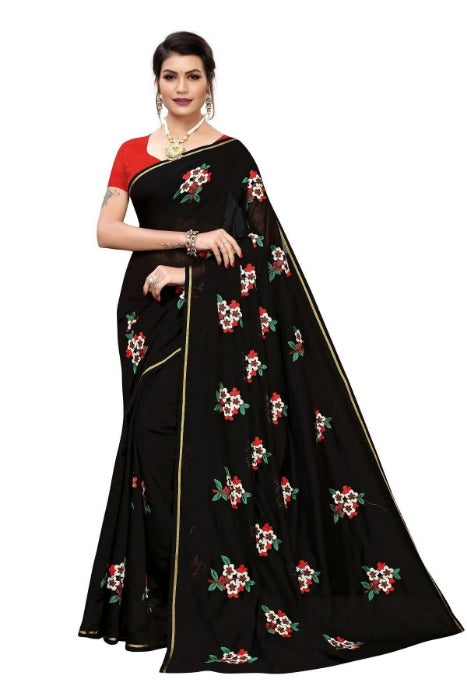 Vamika Chanderi Cotton Embroidery Black Saree (Mogra Black) | Grocsy