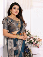 Aastha Fashion Teal Blue Soft Organza Silk Weaving Saree | Grocsy