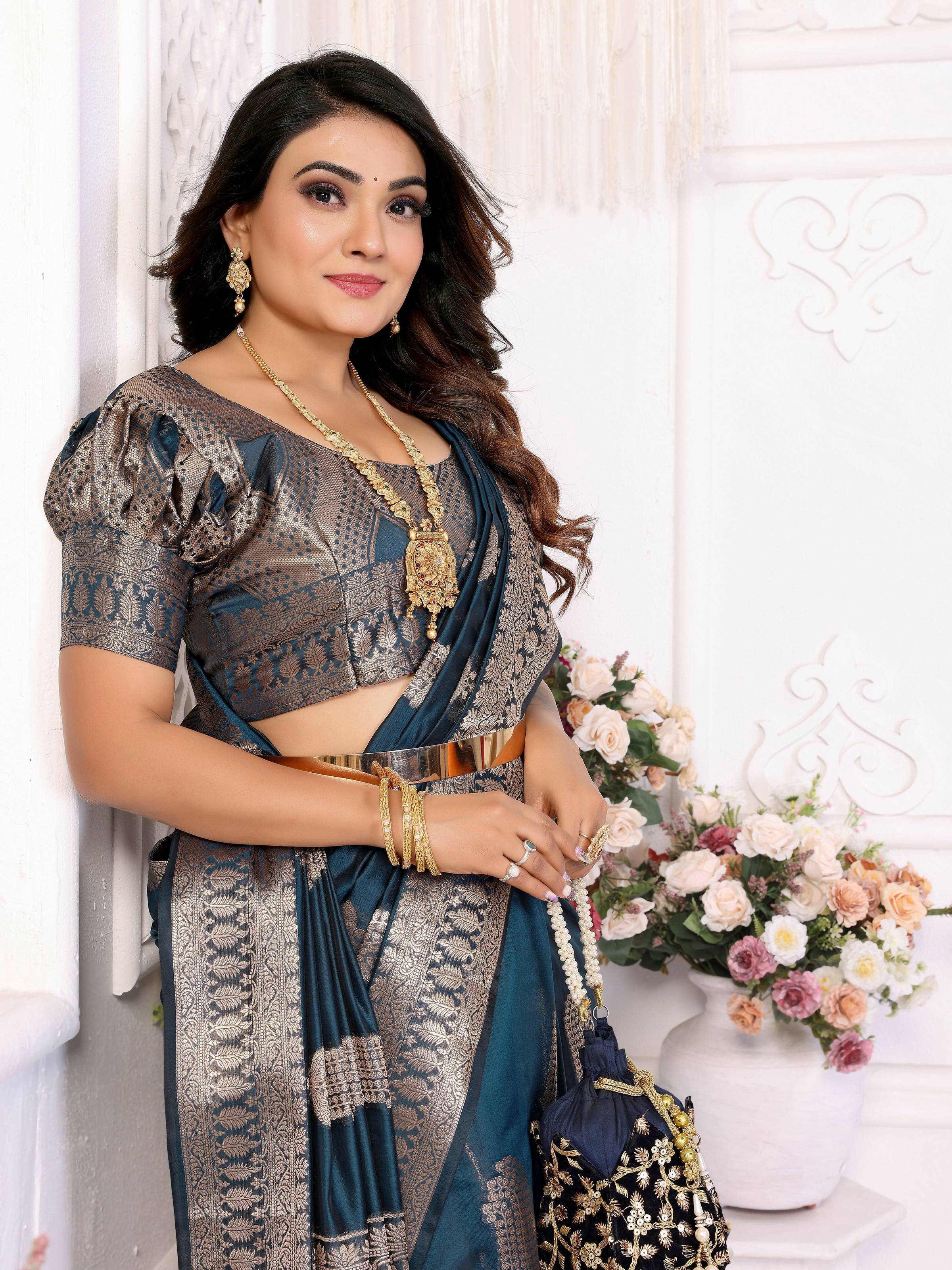 Aastha Fashion Teal Blue Soft Organza Silk Weaving Saree | Grocsy