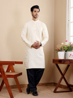 Off White Viscose Woven Jacquard Work Men's Kurta - Mahotsav | Grocsy