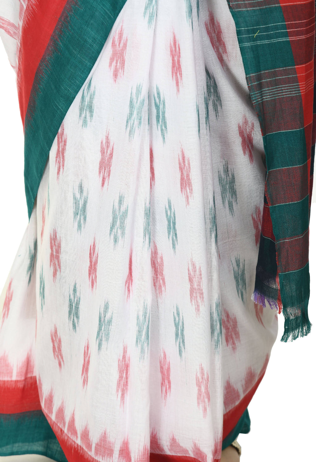 Vamika Sambalpuri Ikat Cotton Dehabandha White, Red & Green Saree | Grocsy