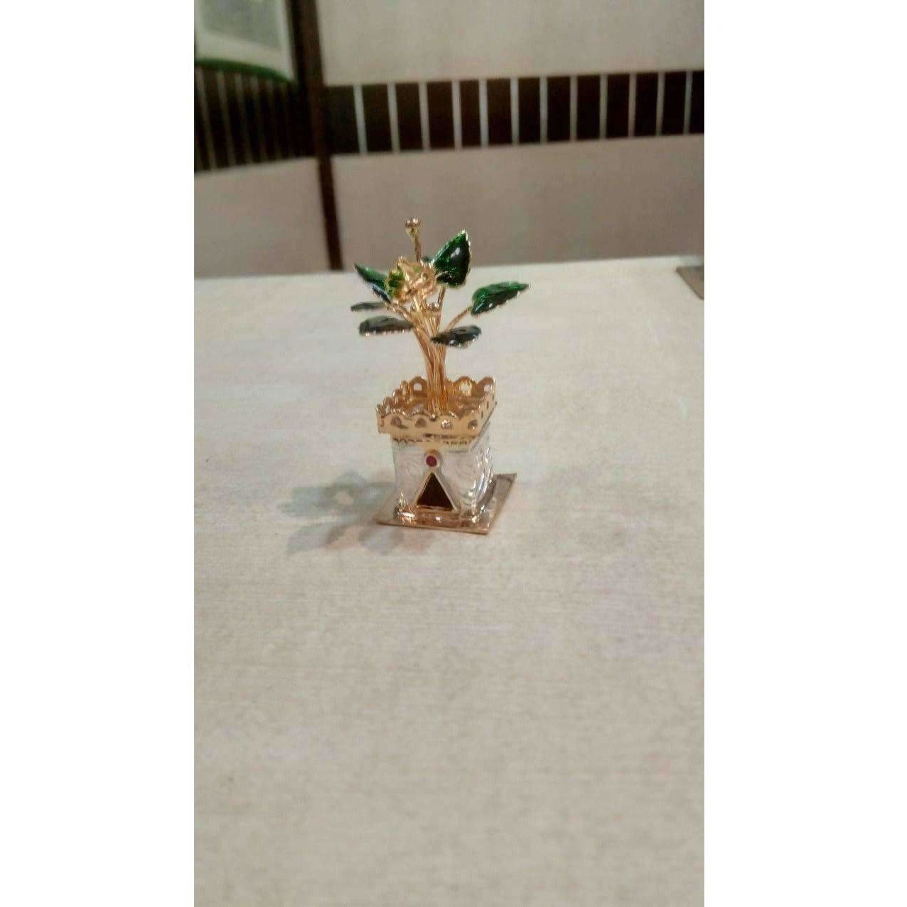 Silver and Gold Coated Decorative Tulsi Item with Green Leaf -Small Size / Tulsi Kota - Small Size | Grocsy