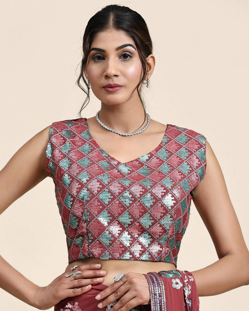 Peach Pure Georgette Sequence work Ready to wear Saree with stitched Blouse - Nirvana | Grocsy