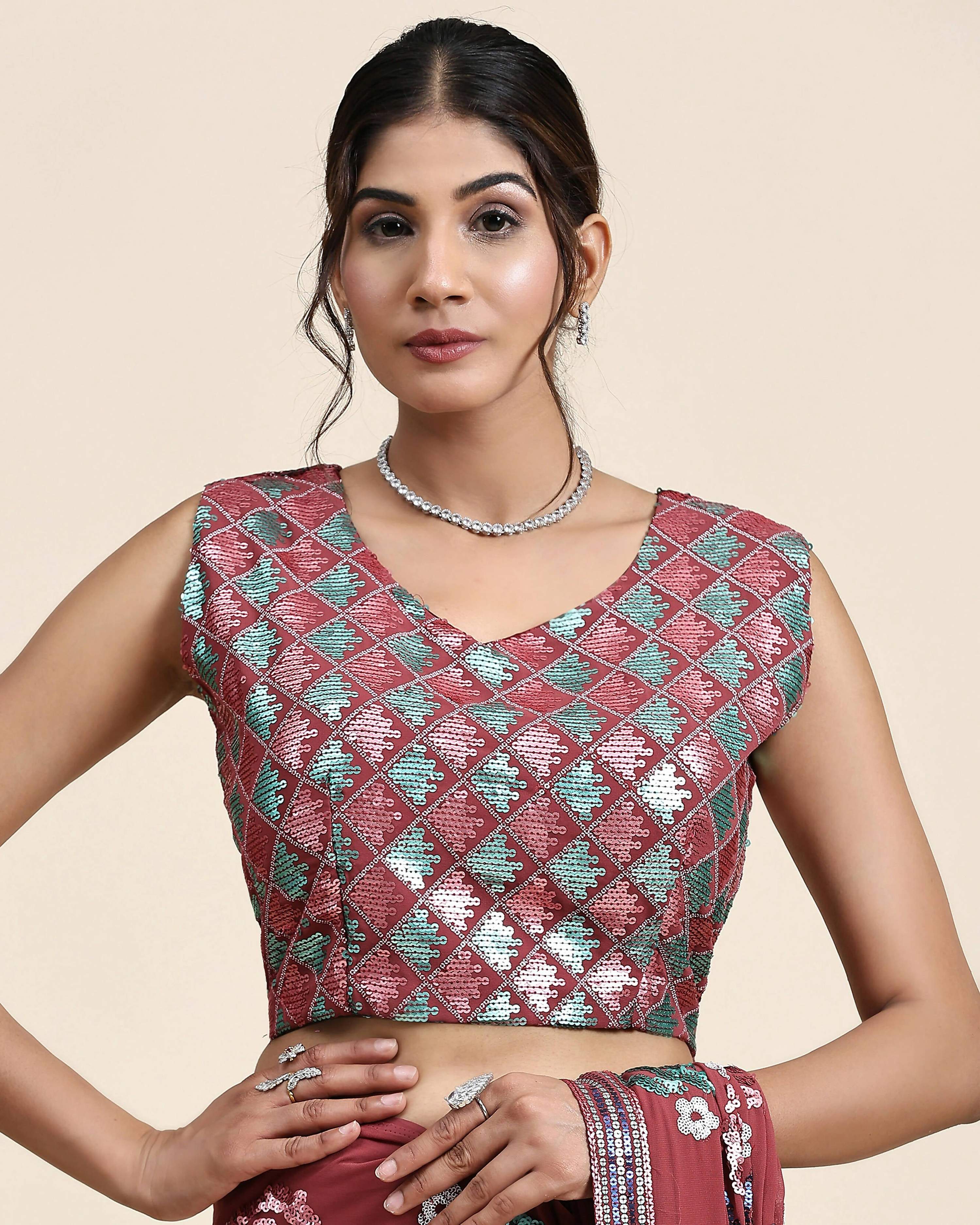 Peach Pure Georgette Sequence work Ready to wear Saree with stitched Blouse - Nirvana | Grocsy