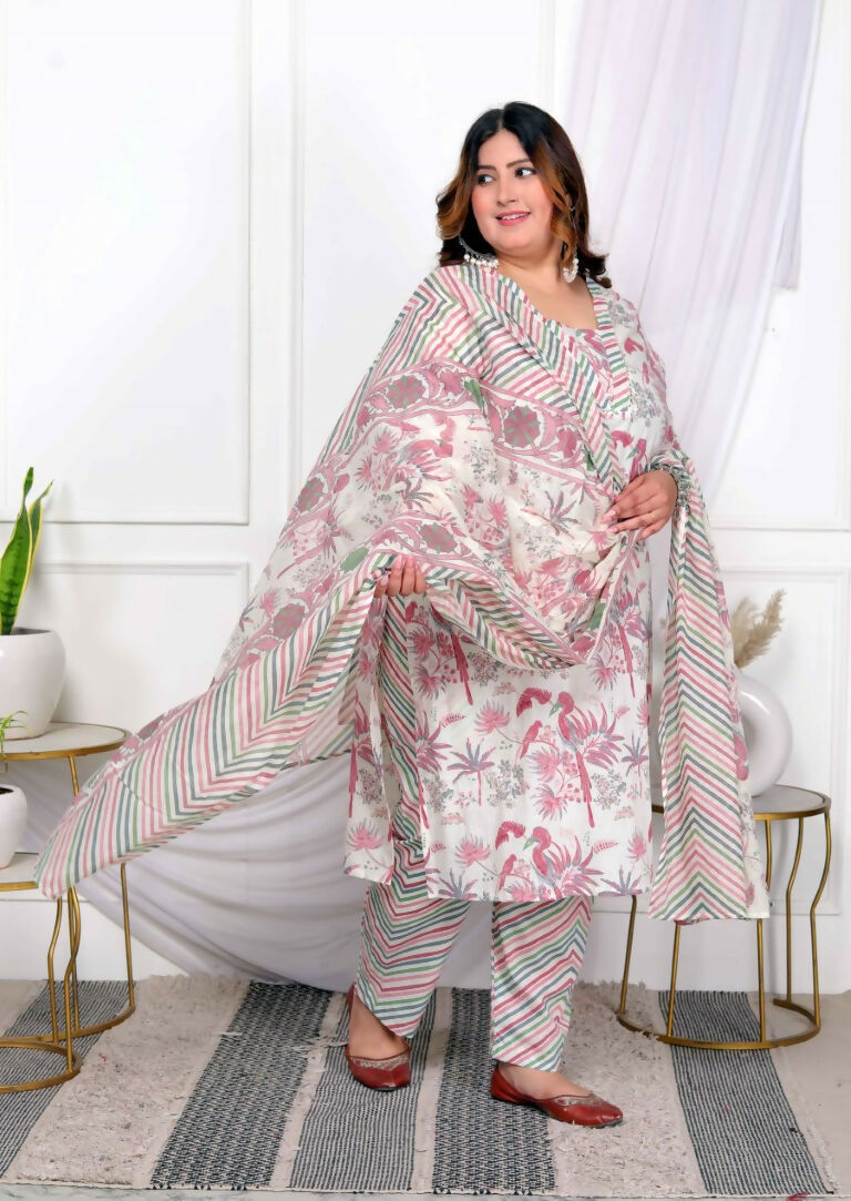 Miravan Women's Plus Size Cotton Light Pink Scenic Birds And Leaf Floral Printed Straight Pakistani Style Suit Set | Grocsy
