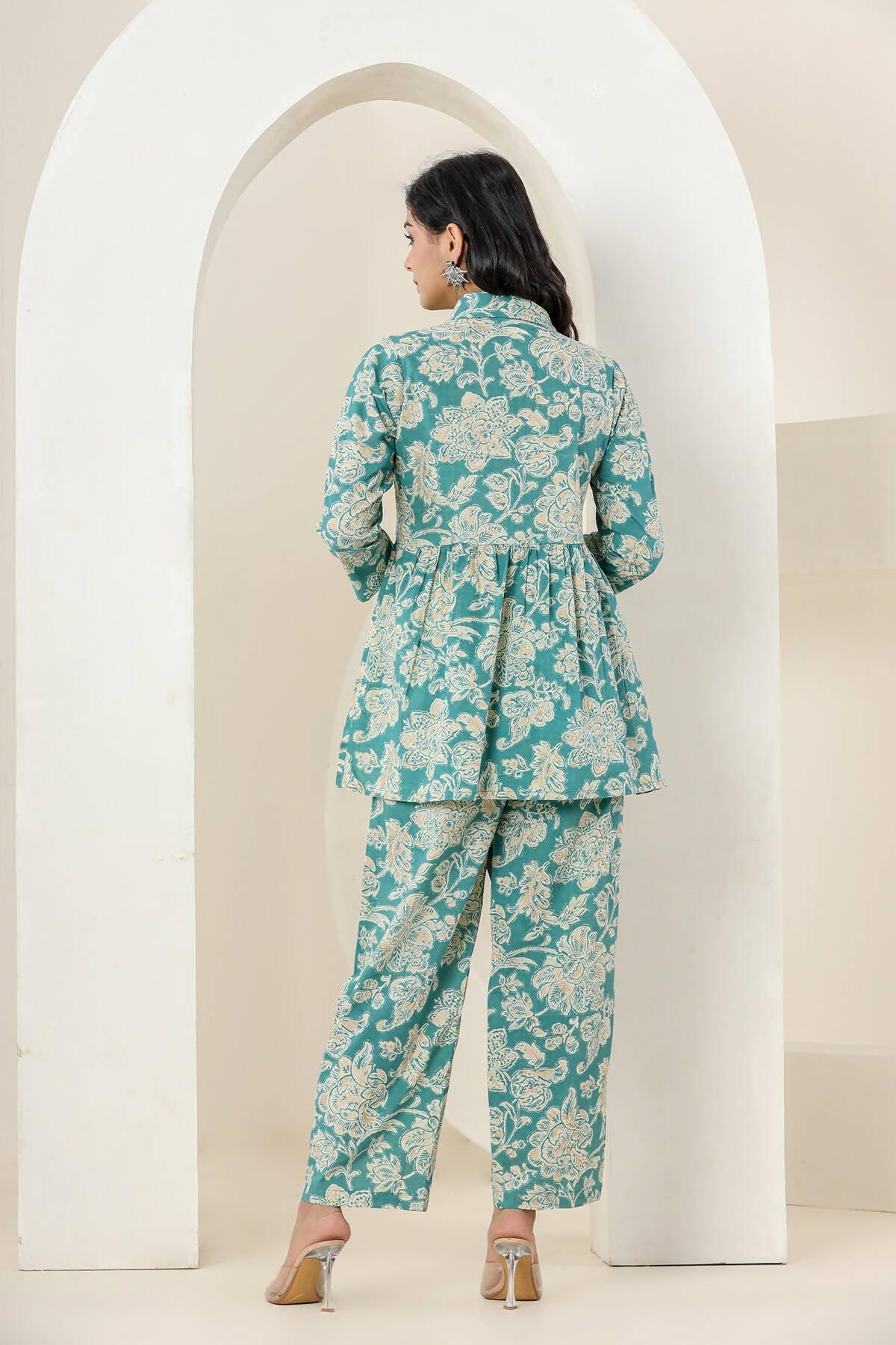 Kaajh Women's Turqouise Gold Print Cotton Co-ord Set | Grocsy