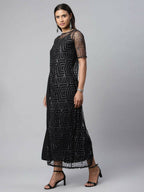 Ahalyaa Womens Black Crepe & Net Glitter Print Jumpsuit | Grocsy
