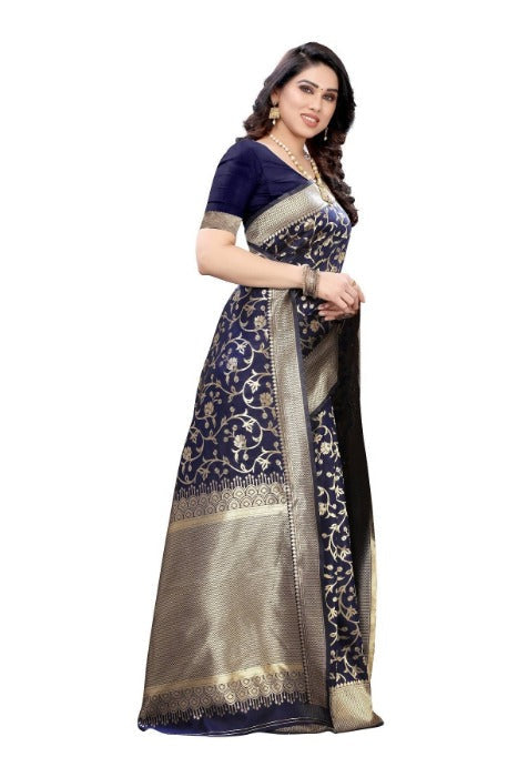 Vamika Banarasi Jacquard Weaving Navy Blue Saree (PARINITI NAVY) | Grocsy