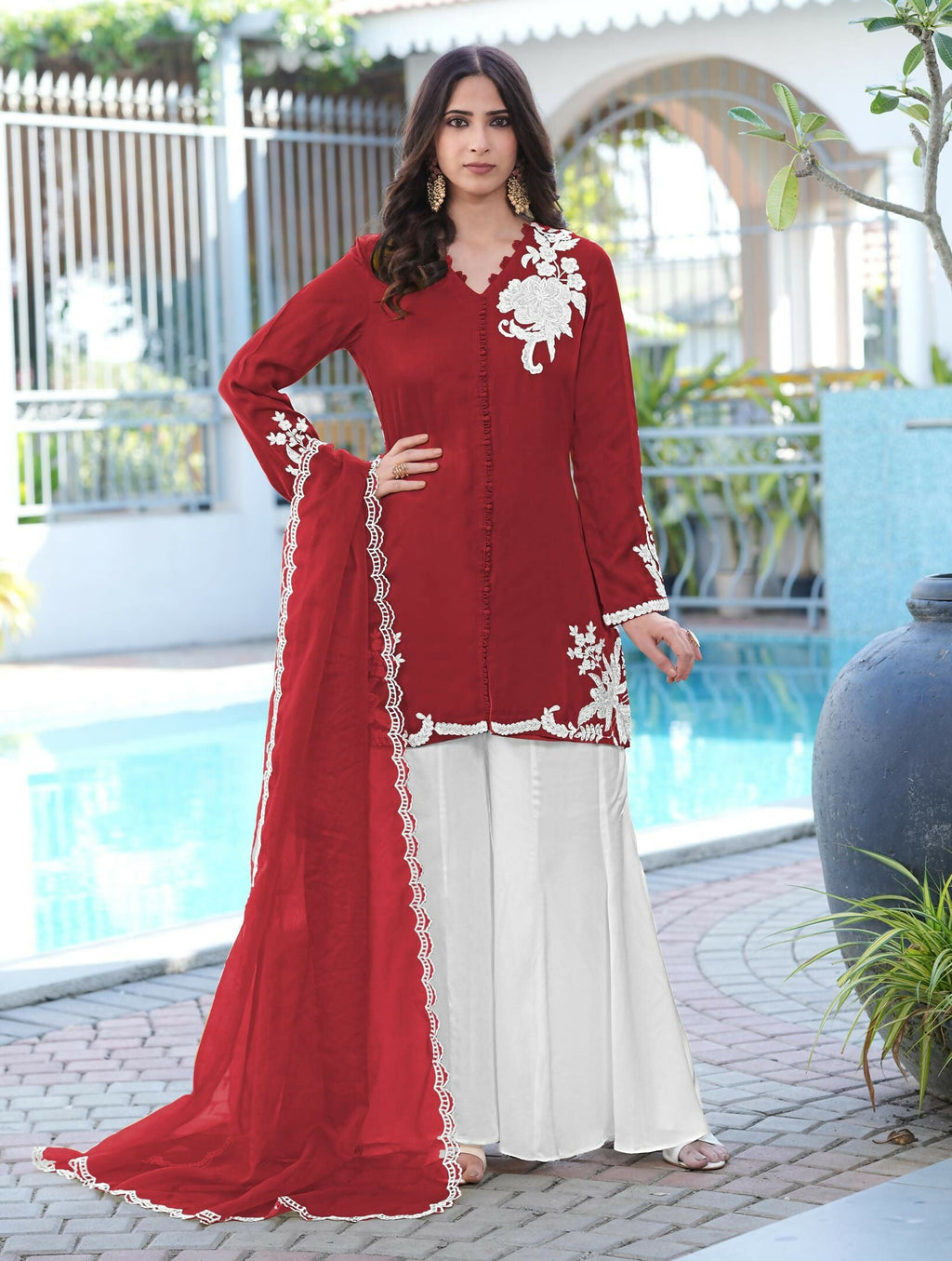 Nikhaar Maroon Embroidered Modal Silk Stitched Straight Cut Kurta Kalidar Palazzo Dupatta Readymade Suit | Grocsy