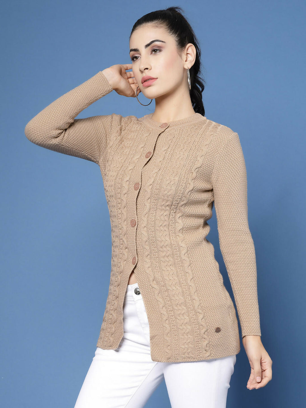 Women Self Design Camel Brown Acrylic Winter Cardigan - Wool Trees | Grocsy
