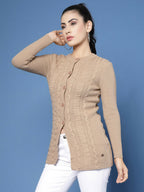 Women Self Design Camel Brown Acrylic Winter Cardigan - Wool Trees | Grocsy