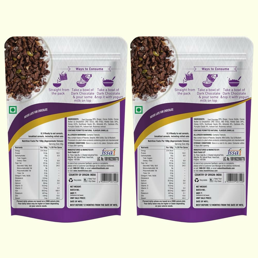 Munchilicious Granola - Dark Chocolate, Healthy & Nutritious Breakfast Cereal with Whole Nuts | Grocsy