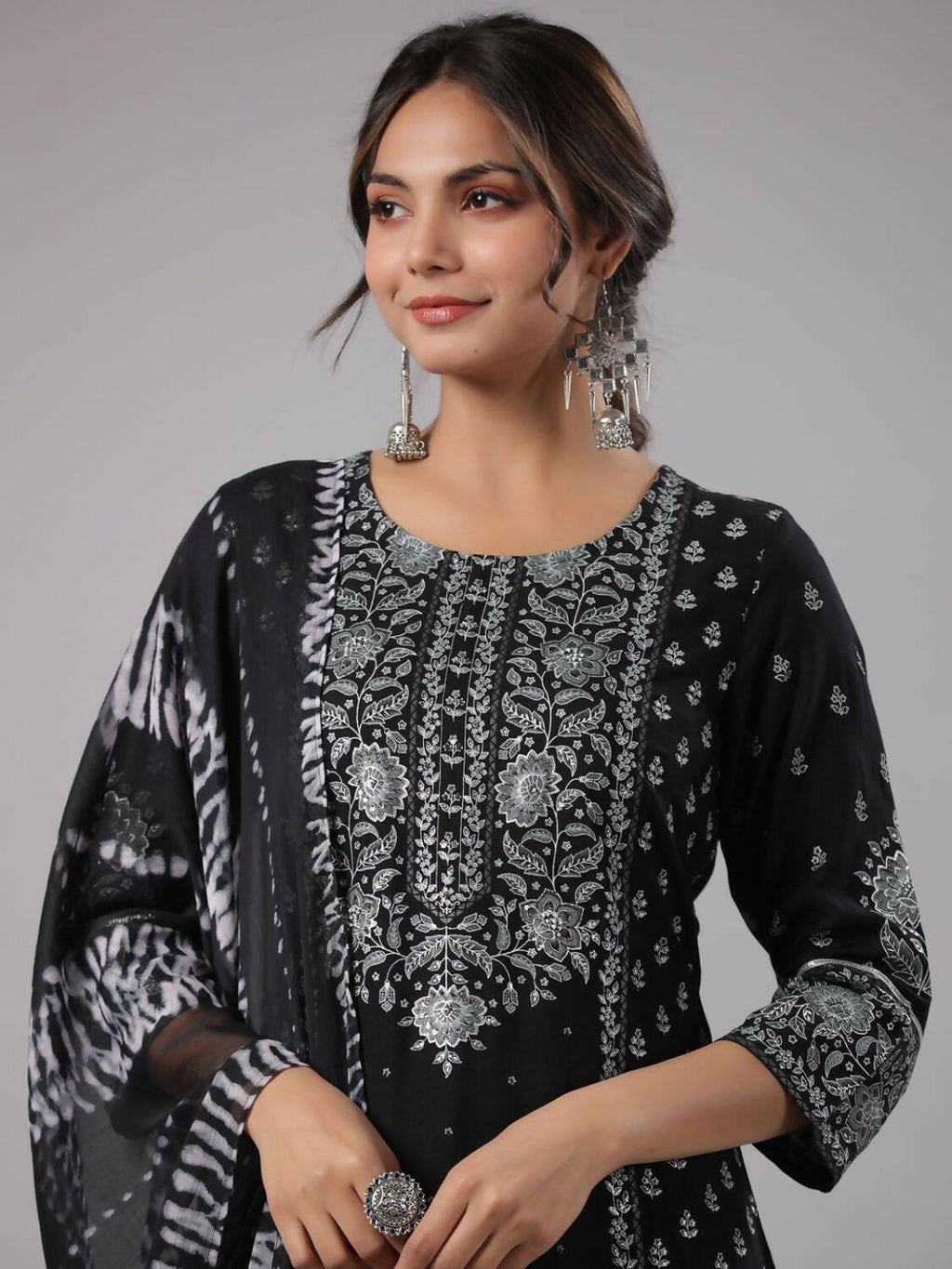 Juniper Women Black Rayon Staple Kalamkari Printed Kurta, Pants and Dupatta Set | Grocsy