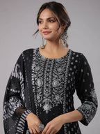Juniper Women Black Rayon Staple Kalamkari Printed Kurta, Pants and Dupatta Set | Grocsy