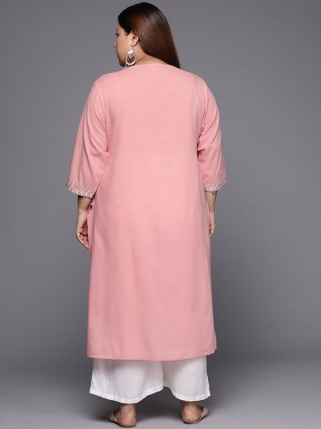 Sztori Plus Size Floral Embroidered Round Neck Cotton Straight Kurta | Grocsy