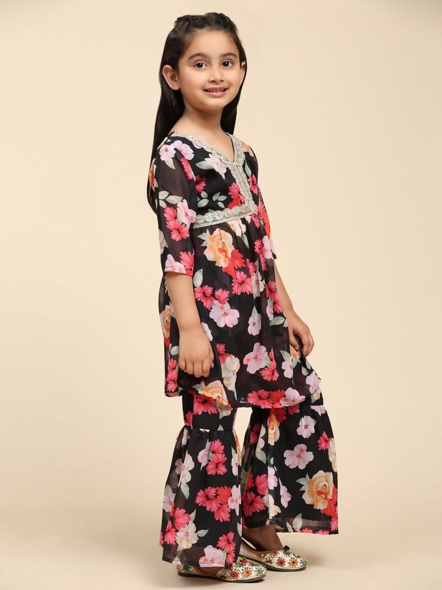 Alakhi Studio Girls Floral Georgette Printed V-Neck Kurta With Sharara - Black | Grocsy